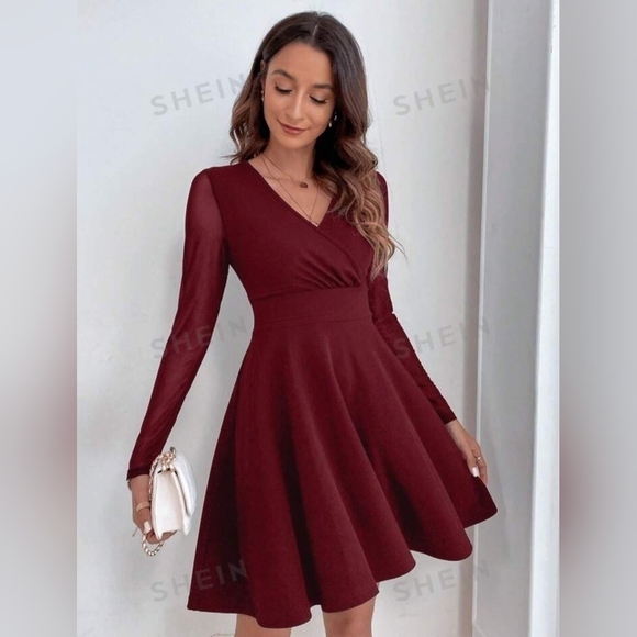 🍷💃SHEIN Frenchy V-Neck Wine Mesh Mini Dress - Aline, Twirl-Worthy Skirt (XS) - Picture 5 of 11
